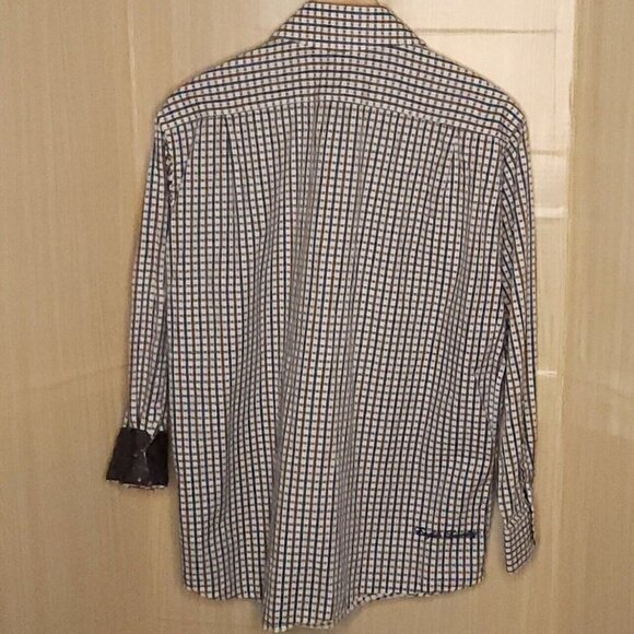 English Laundry Brown Blue White Check Contrasting Cuff Shirt 17 1/2 -34/35 - Picture 2 of 7